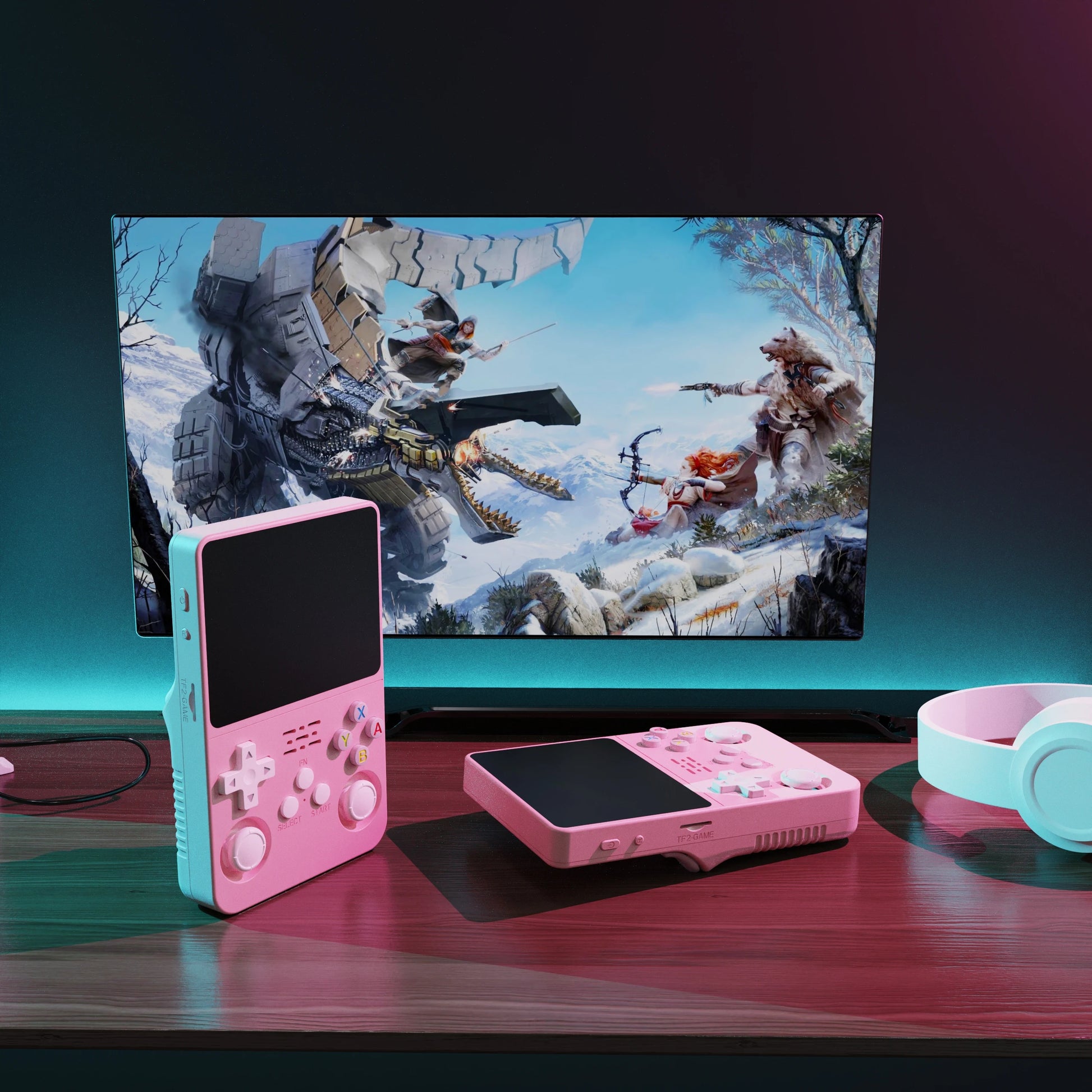Handheld retro game console with transparent shell and side profile