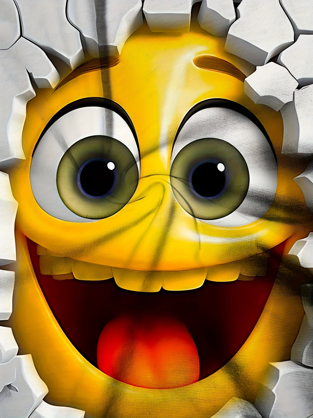 HighPeak 3D Crack Face T-Shirt design featuring yellow cartoon character bursting through cracked wall with big eyes and smile