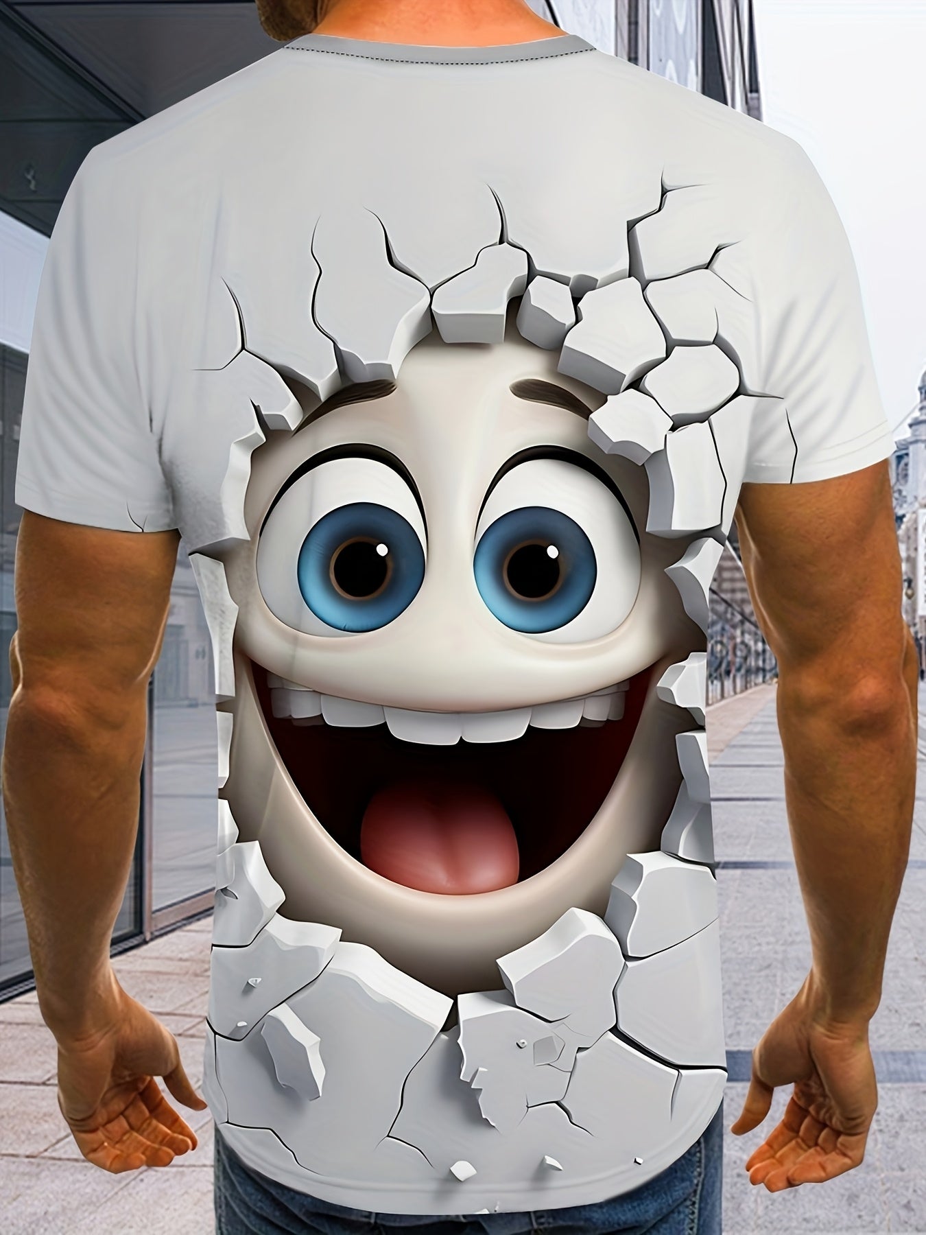 HighPeak 3D Crack Face T-Shirt featuring cartoon character breaking through white cracked wall with blue eyes and cheerful smile