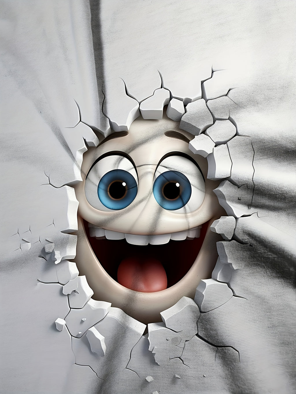 HighPeak 3D Crack Face T-Shirt featuring cartoon character with blue eyes breaking through cracked wall design on white fabric