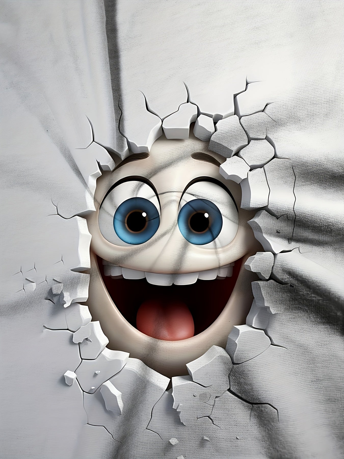 HighPeak 3D Crack Face T-Shirt featuring cartoon character with blue eyes breaking through cracked wall design on white fabric