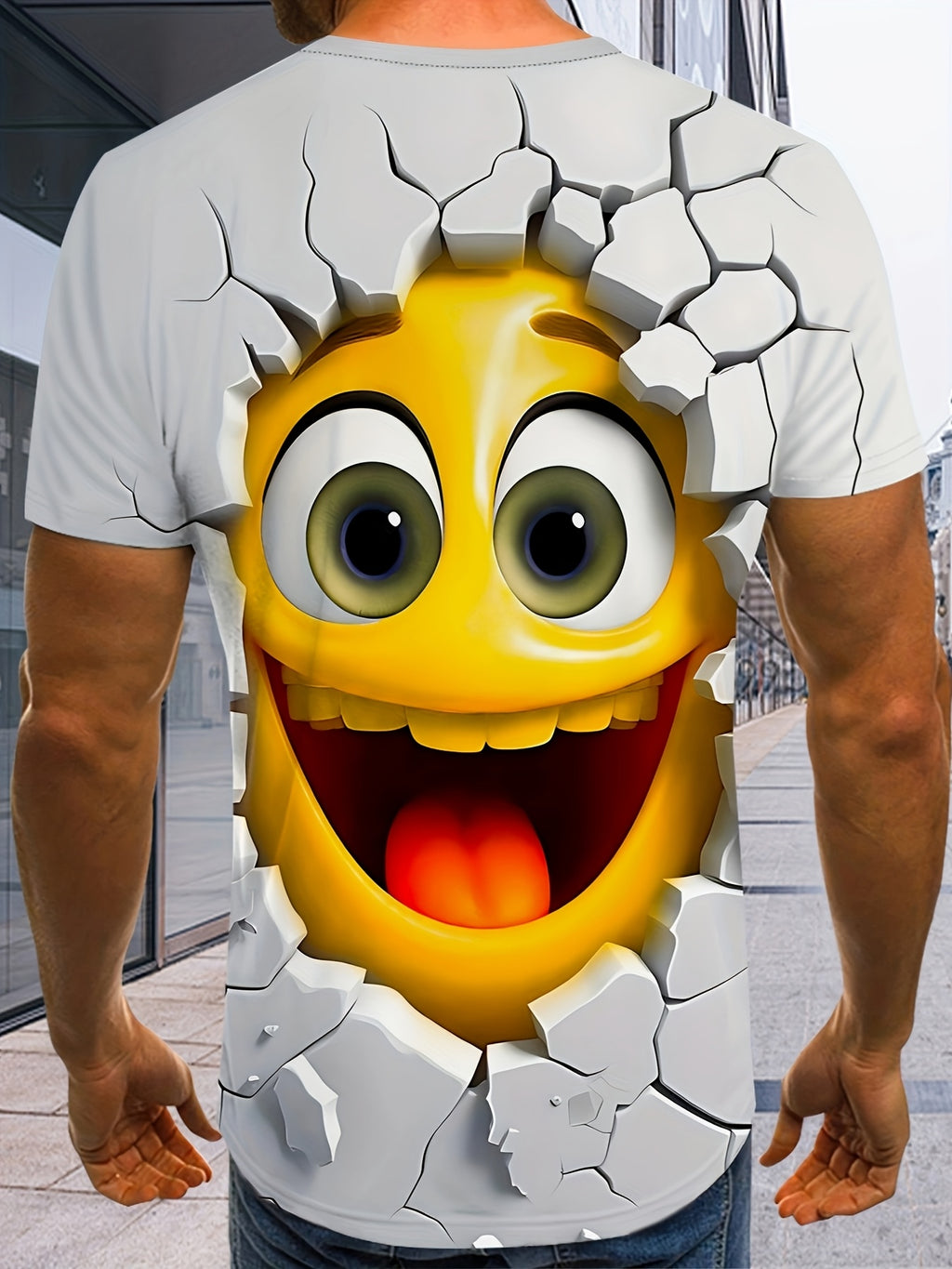 HighPeak 3D Crack Face T-Shirt featuring yellow cartoon character breaking through white cracked wall design on casual tee