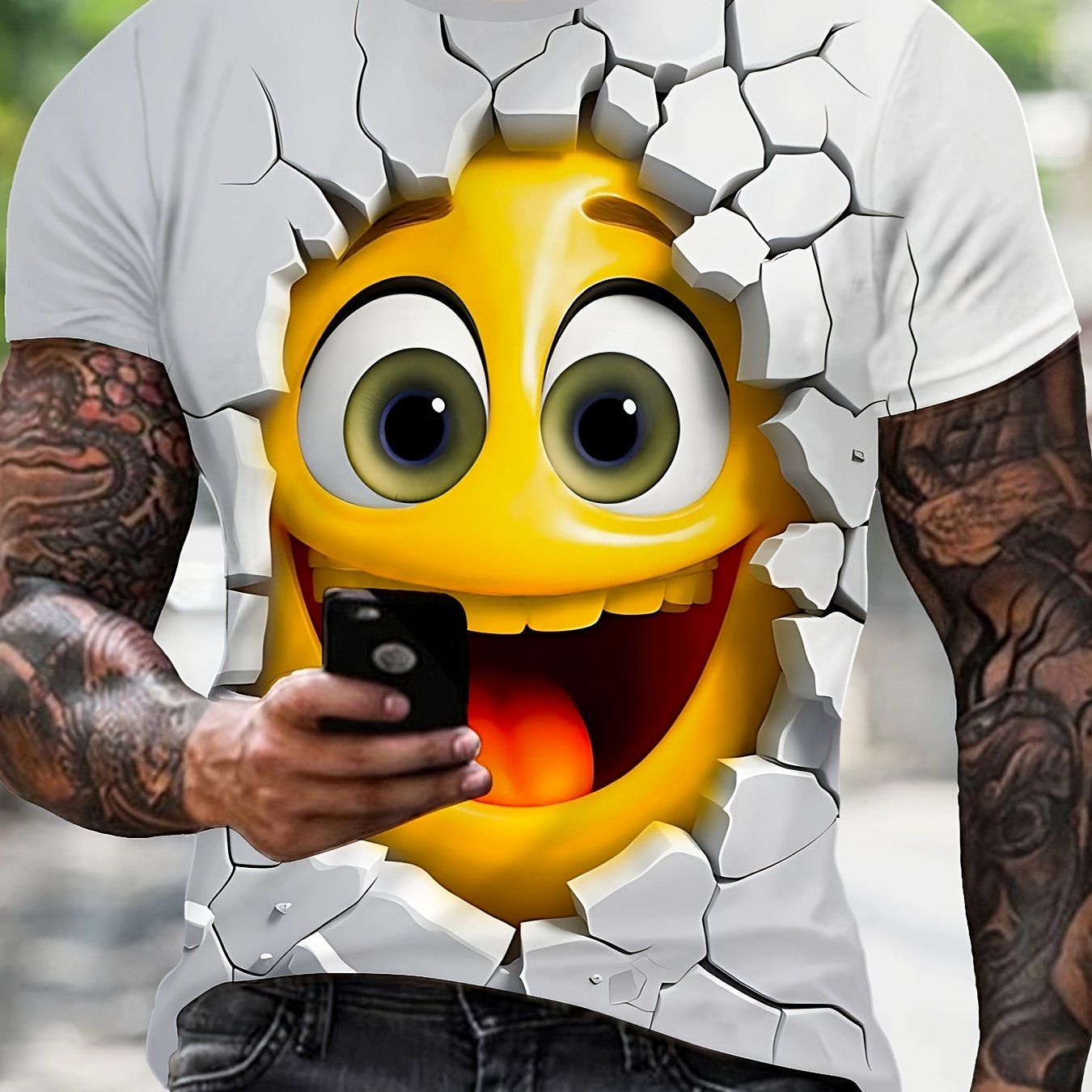 HighPeak 3D Crack Face T-shirt featuring yellow smiley face bursting through cracked wall design on white fabric
