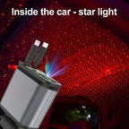 HighPeak 4-in-1 car charger projecting red starlight pattern on car ceiling with dual USB ports and ambient lighting effect