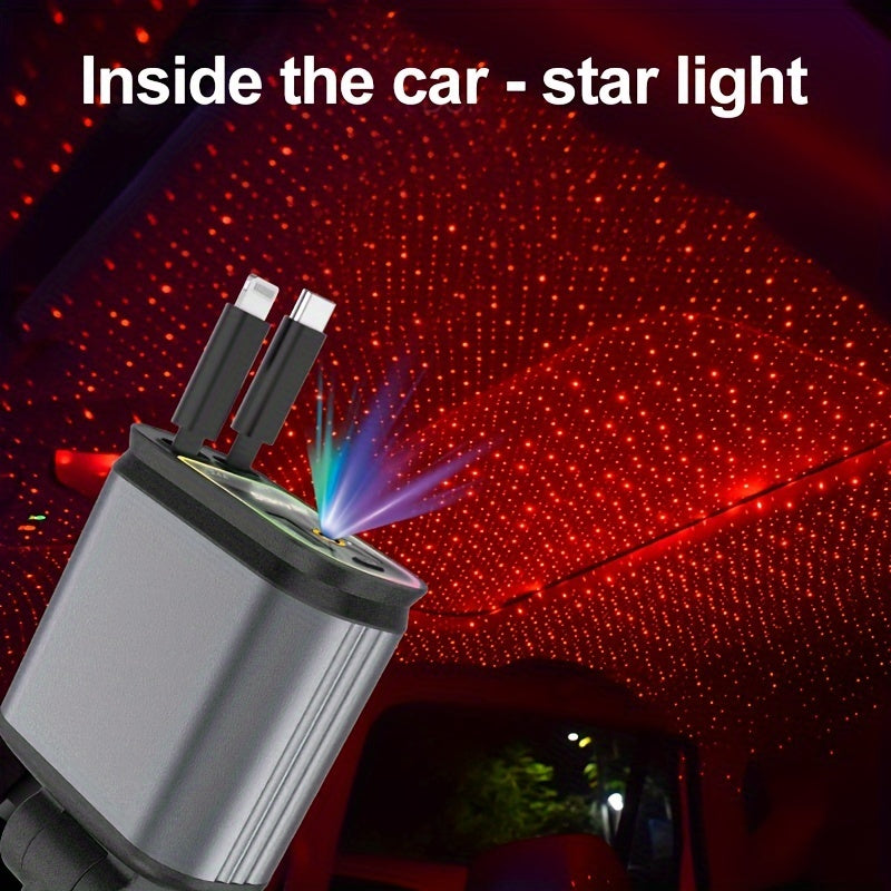 HighPeak 4-in-1 car charger projecting red starlight pattern on car ceiling with dual USB ports and ambient lighting effect