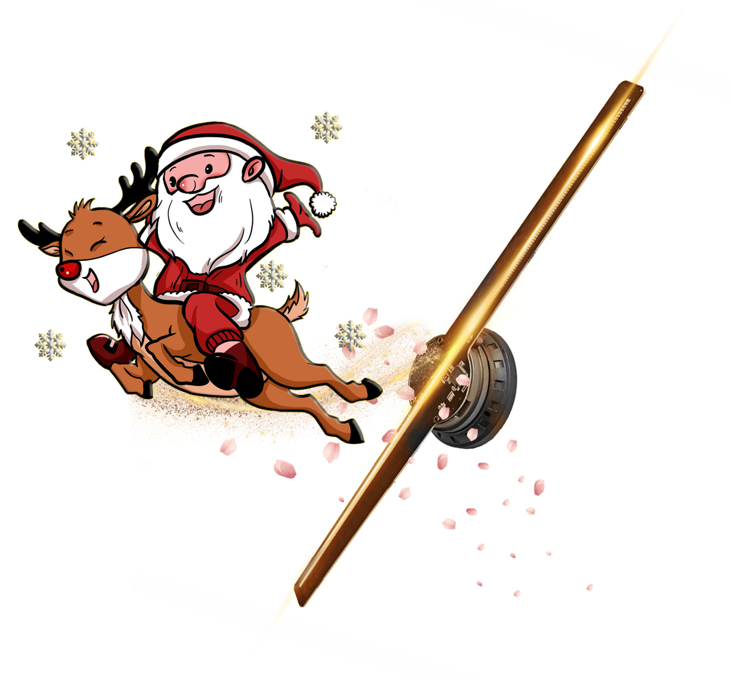 HighPeak AirAura gold holographic fan displaying festive cartoon animation with flying reindeer against white background