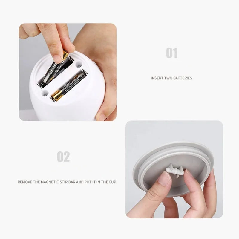HighPeak Self Stirring Mug battery compartment shown with hands inserting two AA batteries and magnetic stir bar being placed in lid