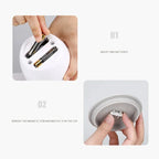 HighPeak Self Stirring Mug battery compartment shown with hands inserting two AA batteries and magnetic stir bar being placed in lid