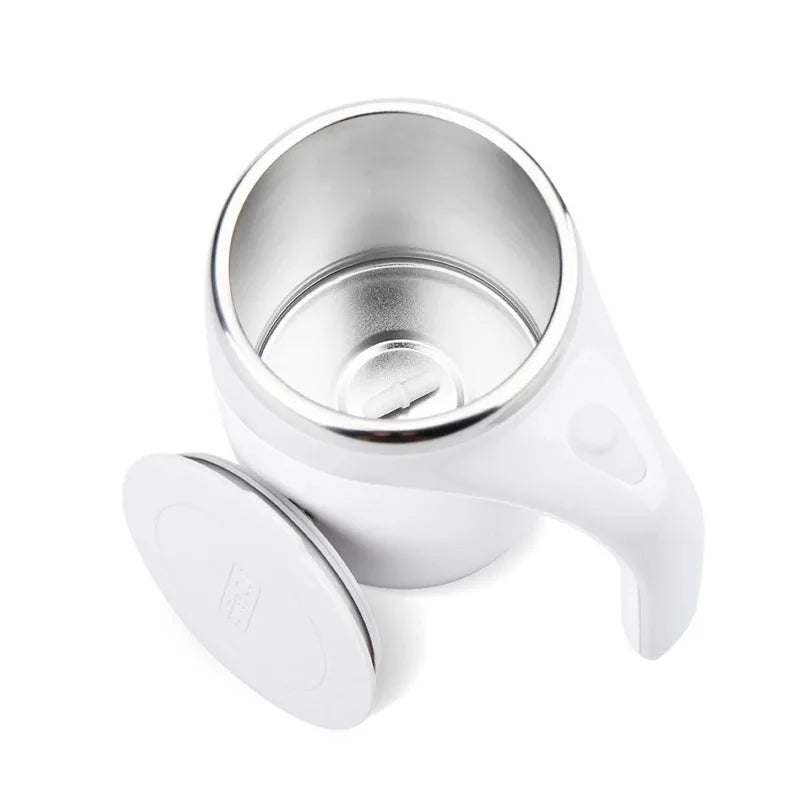 HighPeak Self Stirring Mug in white with stainless steel interior and removable lid, designed for easy mixing without spoons