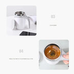 HighPeak Self Stirring Mug in white with stainless steel rim stirring coffee automatically on a light table