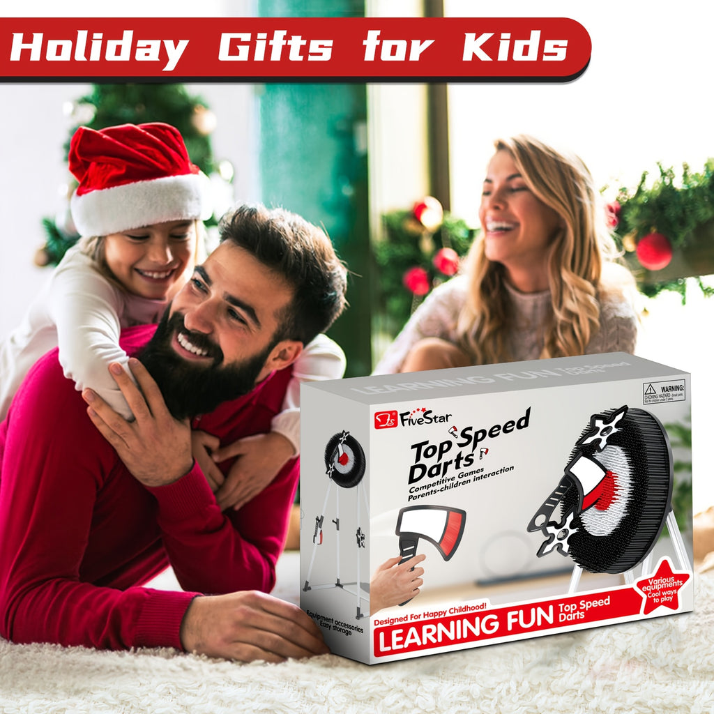 HighPeak AxeMaster foam target game set with dartboard and axes shown in retail box - perfect holiday family gift