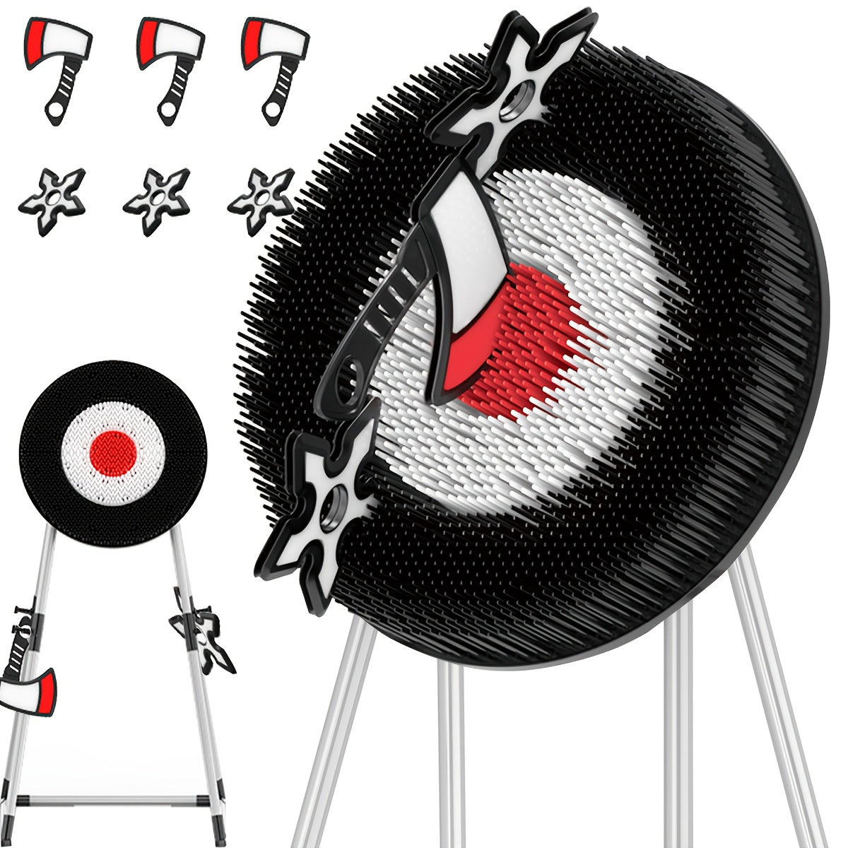 HighPeak AxeMaster target board with red and white bullseye, foam axes and ninja stars on black circular design