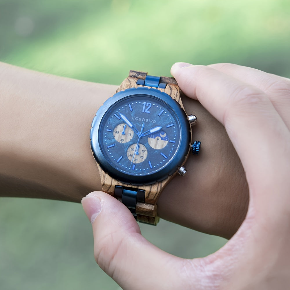 HighPeak BOBO BIRD wooden watch with blue chronograph dial and zebra wood band shown on wrist against green background