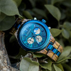 HighPeak BOBO BIRD wooden watch with turquoise blue dial and zebra wood band displayed on natural foliage background