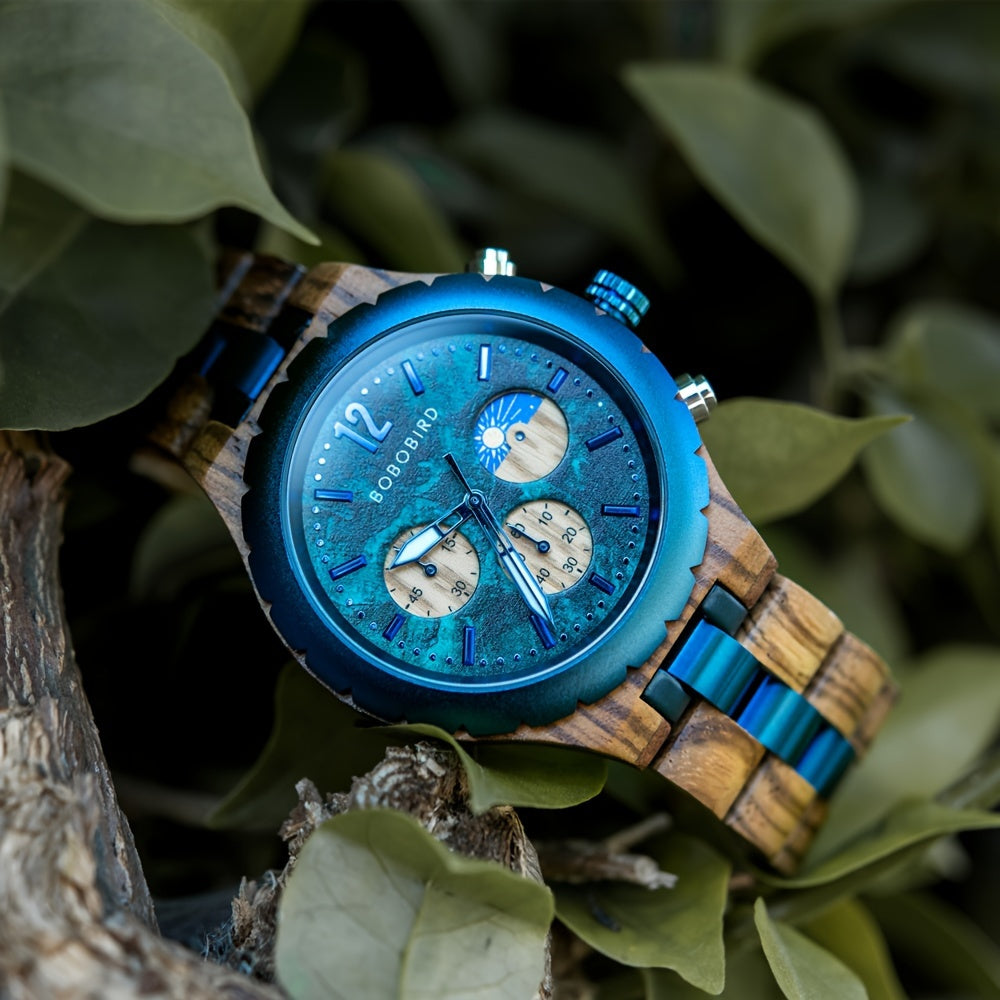 HighPeak BOBO BIRD wooden watch with turquoise blue dial and zebra wood band displayed on natural foliage background