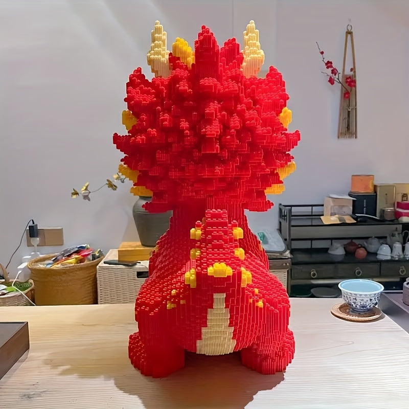 HighPeak Blaze Guardian dragon building blocks in vibrant red and yellow, sitting on wooden table with decorative background