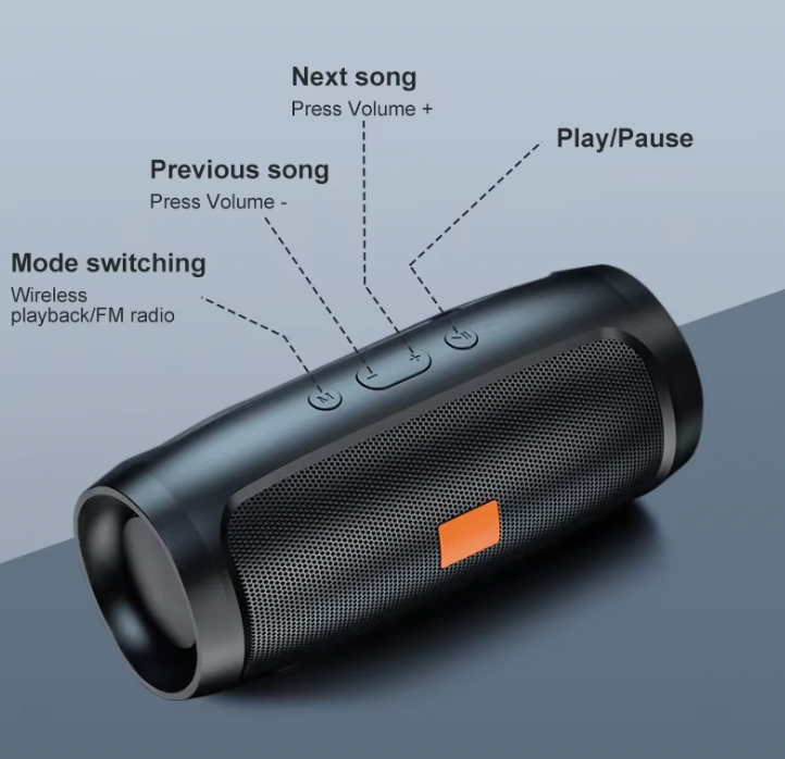 HighPeak Bluetooth Speaker in black with orange logo featuring playback controls and wireless connectivity - portable audio device