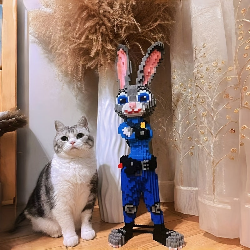 HighPeak Bunny Patrol 3D building blocks display with blue uniform next to gray and white cat, decorative home setting