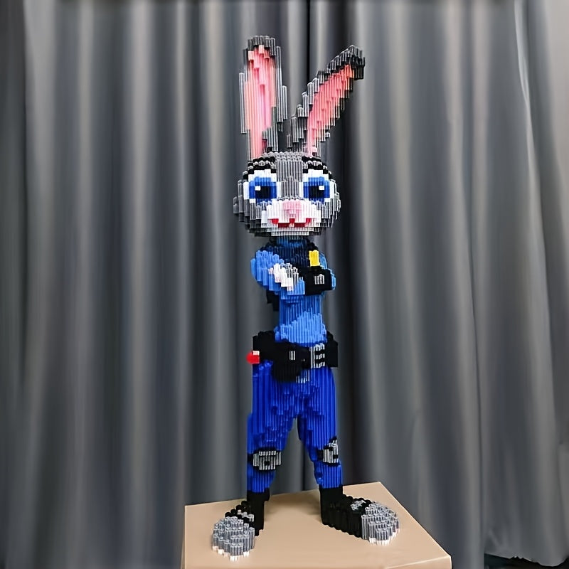 HighPeak Bunny Patrol 3D building blocks displaying a police bunny figure in blue uniform against grey backdrop - pixel art style