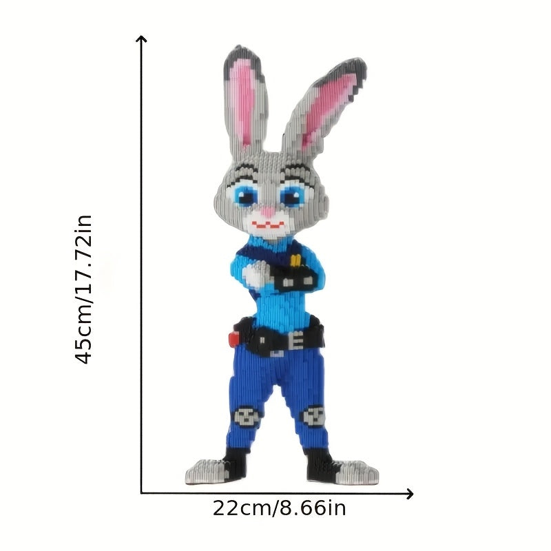 HighPeak Bunny Patrol 3D building blocks set showing grey and white rabbit officer in blue police uniform with measurement scale