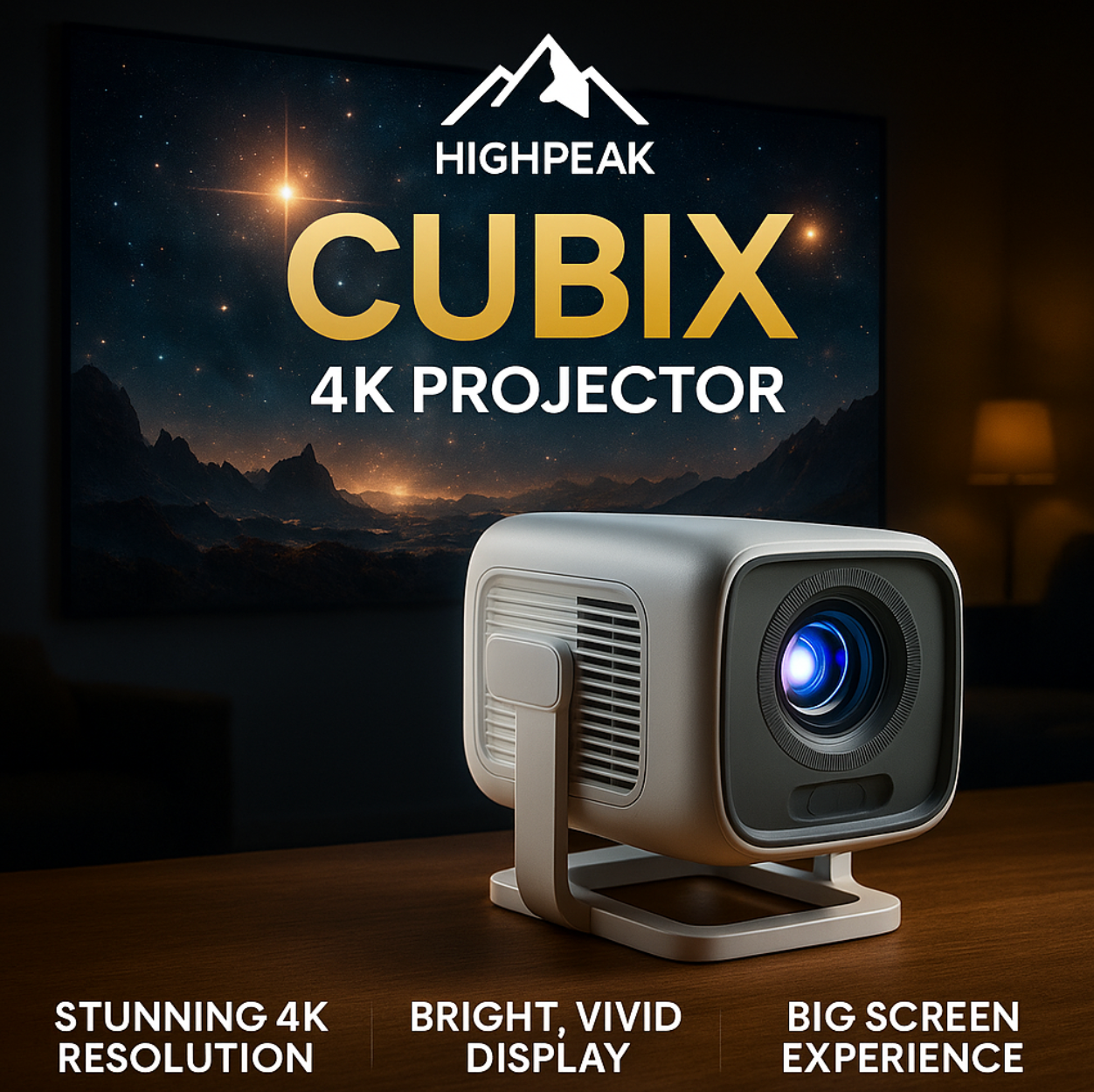 HighPeak CUBIX 4K projector displaying cinematic space scene with compact silver cube design and blue lens