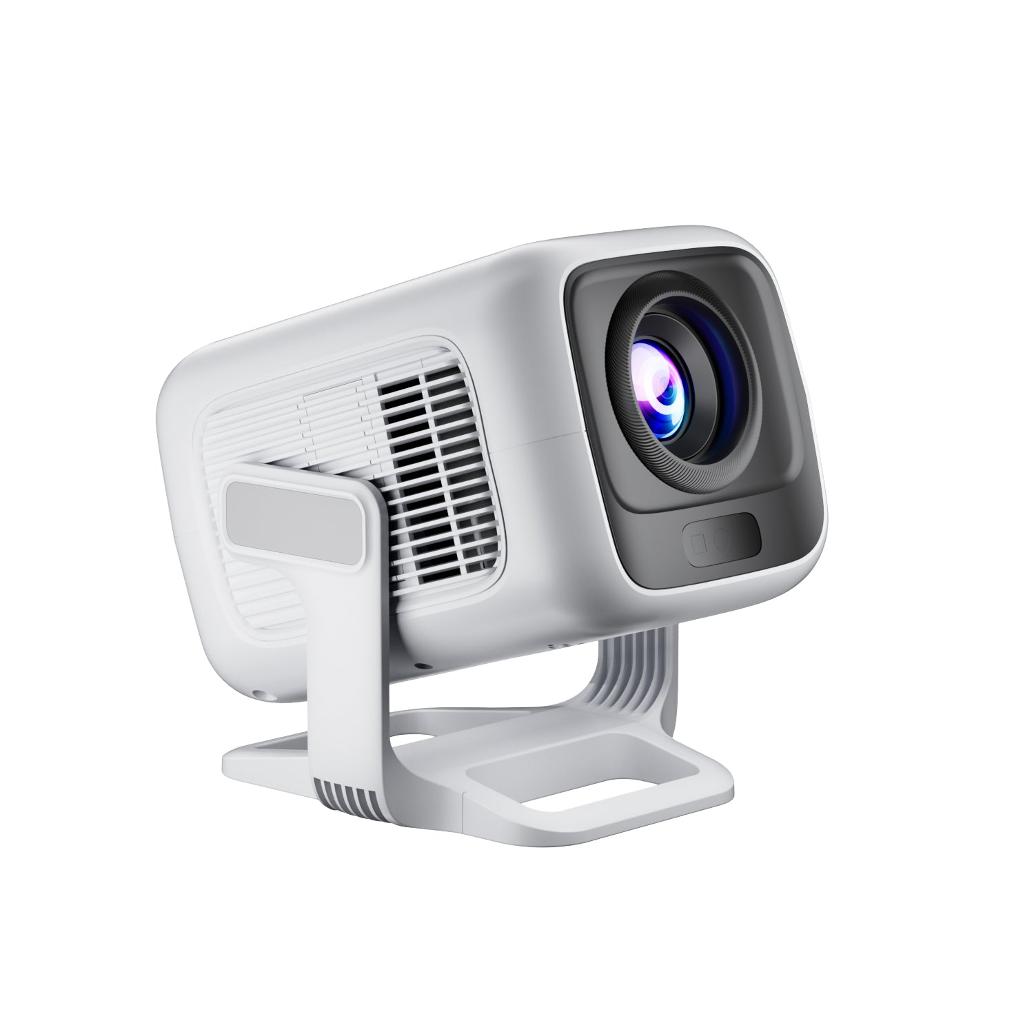 HighPeak CUBIX compact projector in white with blue lens, mounted on adjustable stand showing modern design