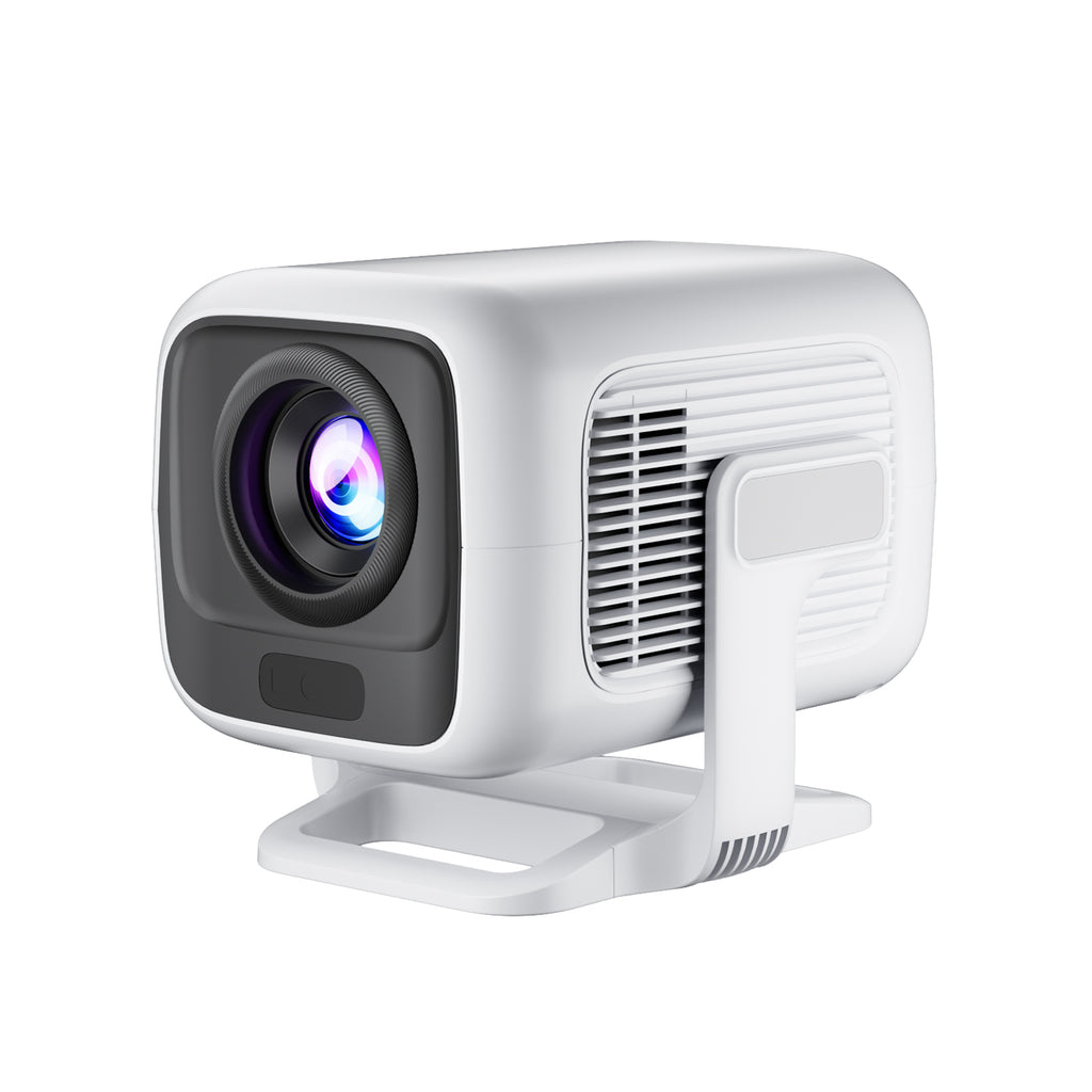 HighPeak CUBIX compact white projector with black lens housing and side ventilation on display stand