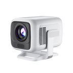 HighPeak CUBIX compact white projector with black lens housing and side ventilation on display stand
