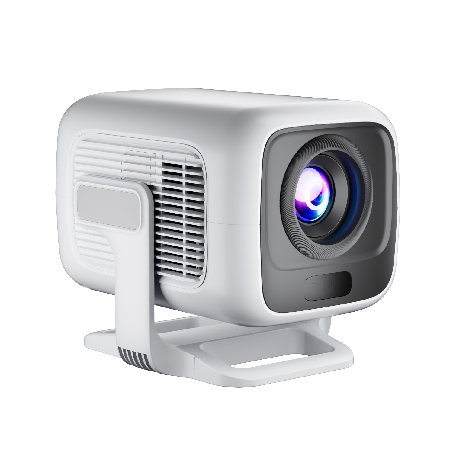 HighPeak CUBIX compact white projector with blue lens, side cooling vents, and adjustable stand mount