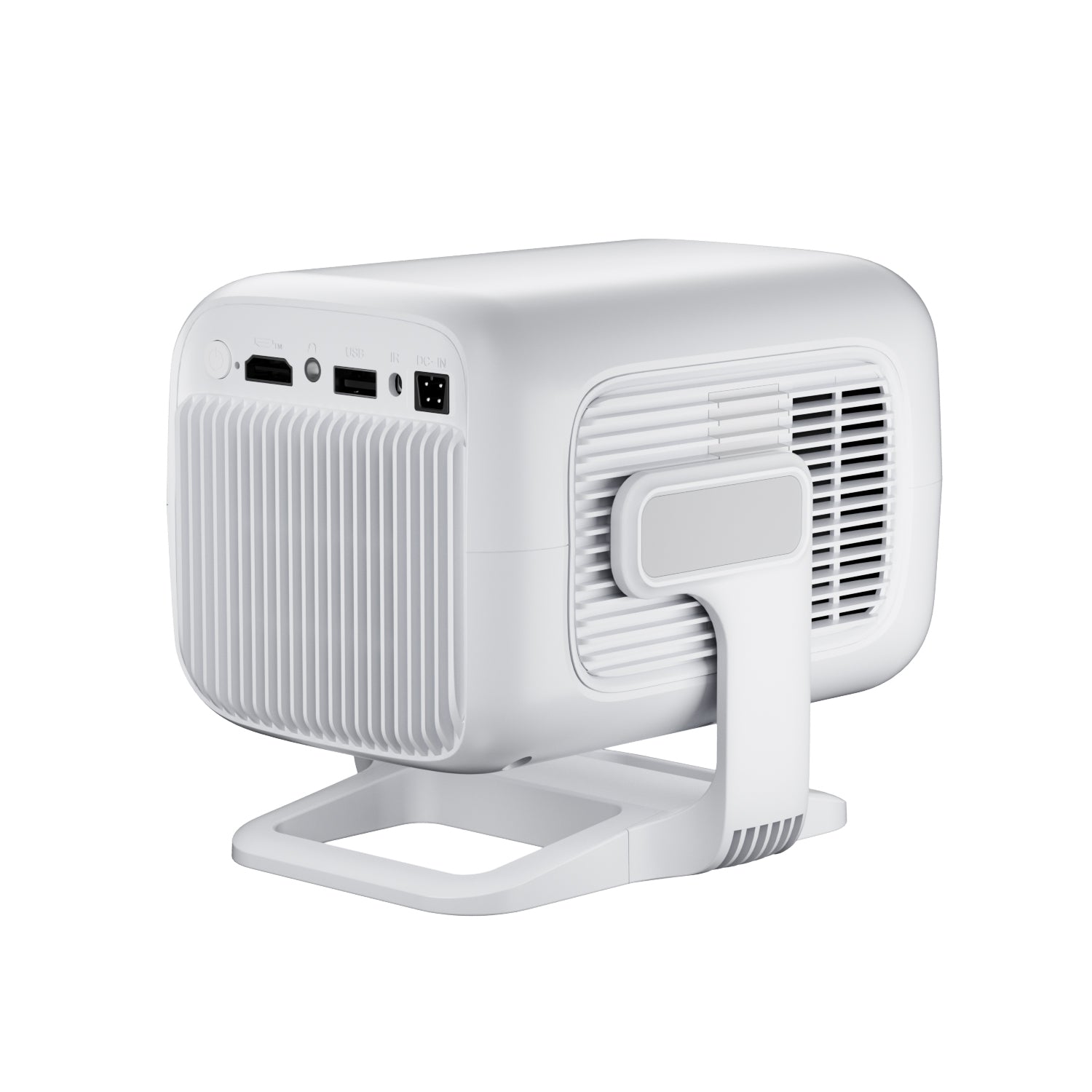 HighPeak CUBIX compact white projector with cooling vents and adjustable stand showing multiple input ports