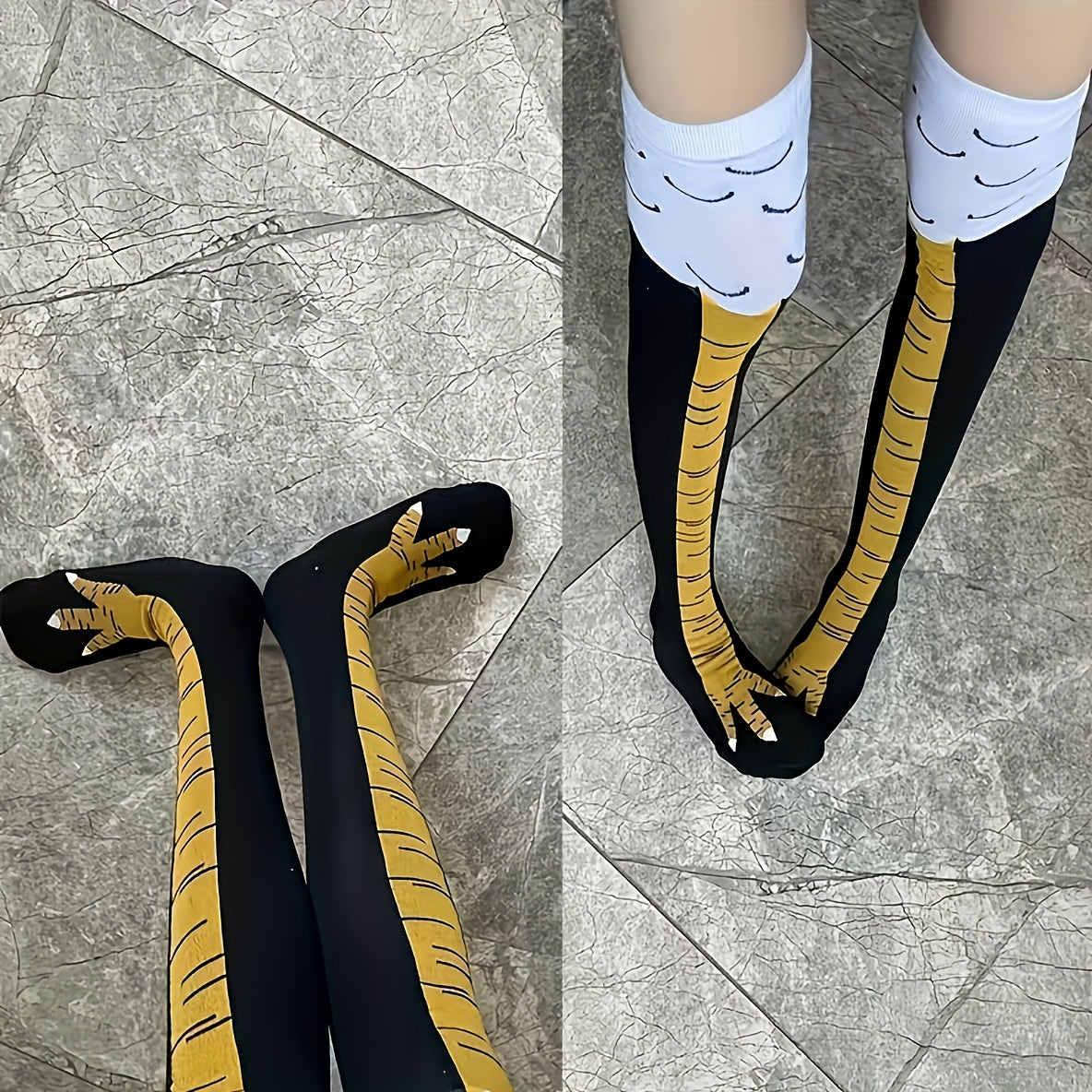 HighPeak ChickenLegs novelty socks featuring black and white design with yellow chicken leg pattern on marble floor