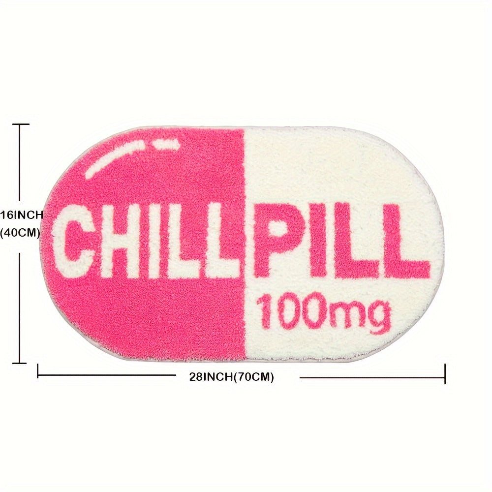HighPeak ChillPill bathroom rug in pink and white, capsule-shaped design with 100mg text, plush surface for comfort