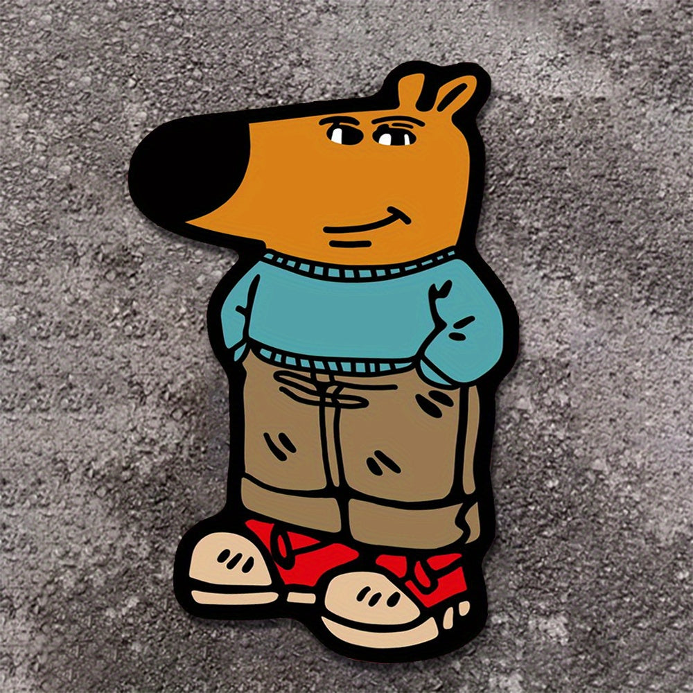 HighPeak Chill Guy Rug featuring cartoon character in teal sweater, khaki pants and red sneakers on concrete background