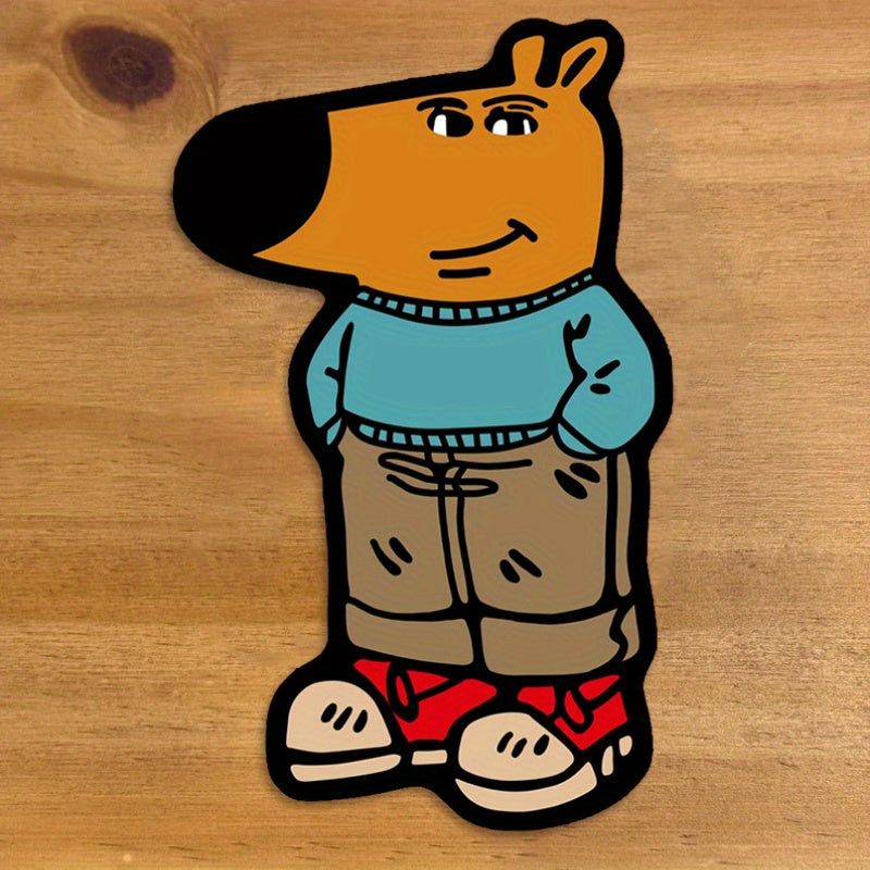 Chill Guy Rug featuring cartoon dog character in teal sweater, brown pants and red sneakers on wooden background