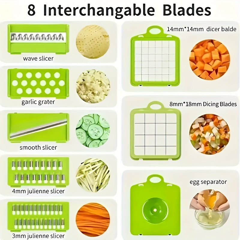 ChopMate vegetable chopper showcasing 8 interchangeable blades including wave slicer, garlic grater, and julienne attachments