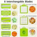 ChopMate vegetable chopper showcasing 8 interchangeable blades including wave slicer, garlic grater, and julienne attachments