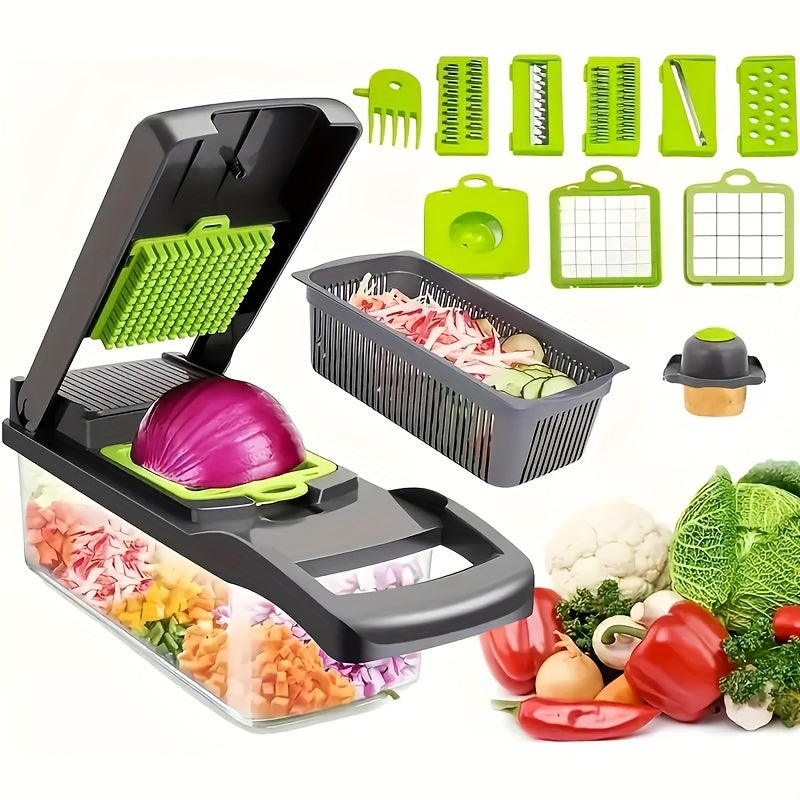 HighPeak ChopMate 16-in-1 vegetable chopper with green blades and storage container, displaying diced vegetables and attachments