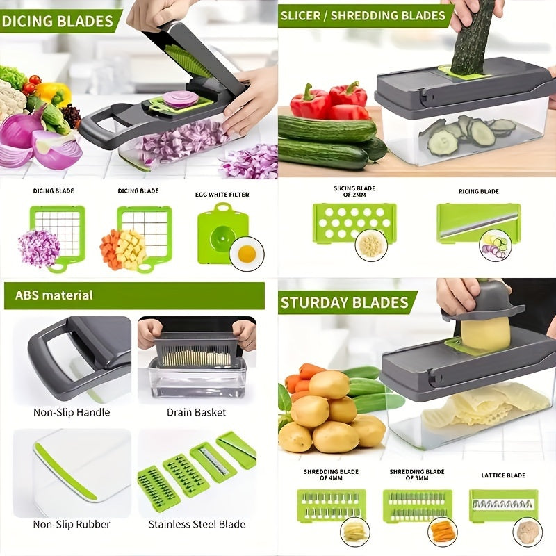 ChopMate 16-in-1 Vegetable Chopper with interchangeable stainless steel blades and collection container for dicing and slicing produce
