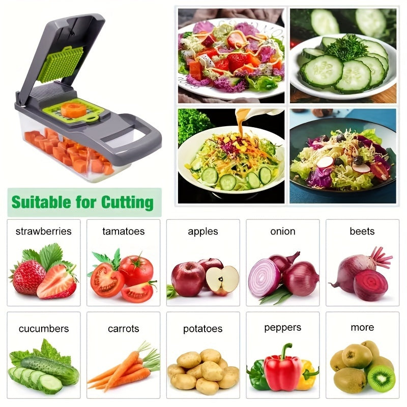 ChopMate 16-in-1 vegetable chopper with green blade insert shown dicing carrots, with sample food prep results and ingredient grid