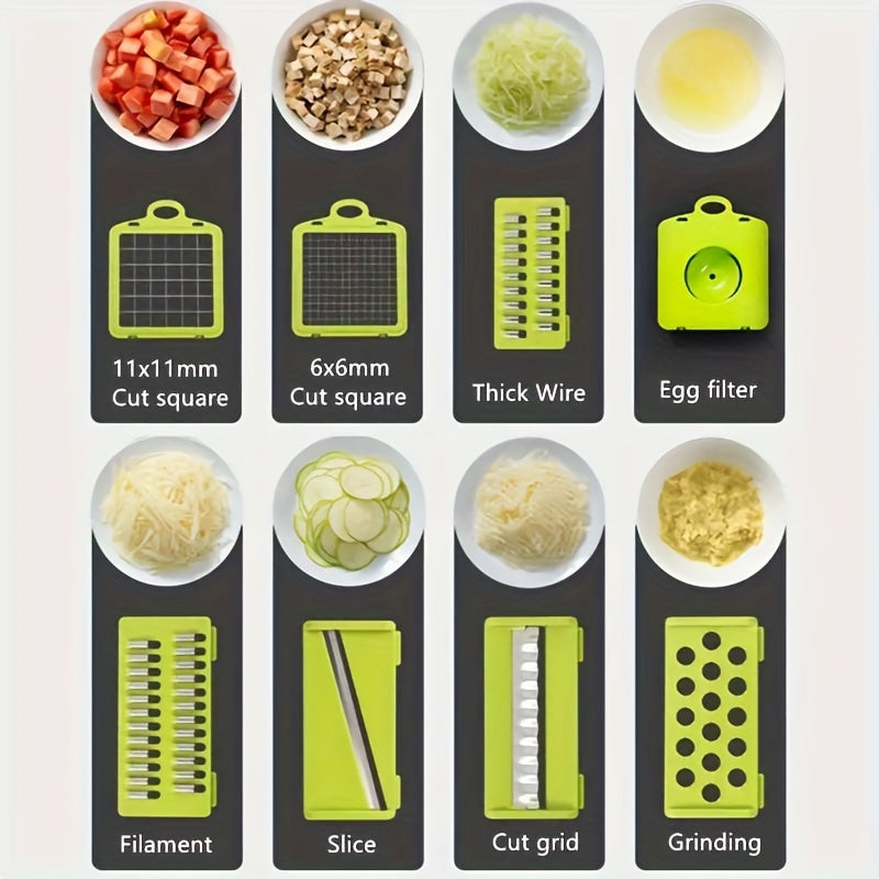ChopMate 16-in-1 Vegetable Chopper with neon green blade attachments showing 8 different cutting styles and food samples in white bowls