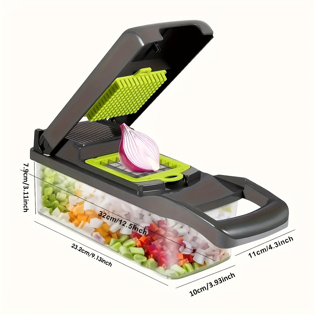 HighPeak ChopMate vegetable chopper demonstrating onion slicing with storage container and multicolored diced vegetables in base