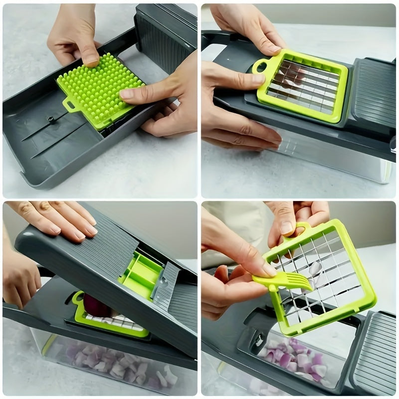 ChopMate 16-in-1 vegetable chopper with interchangeable blades and collection container shown in gray and lime green demonstration