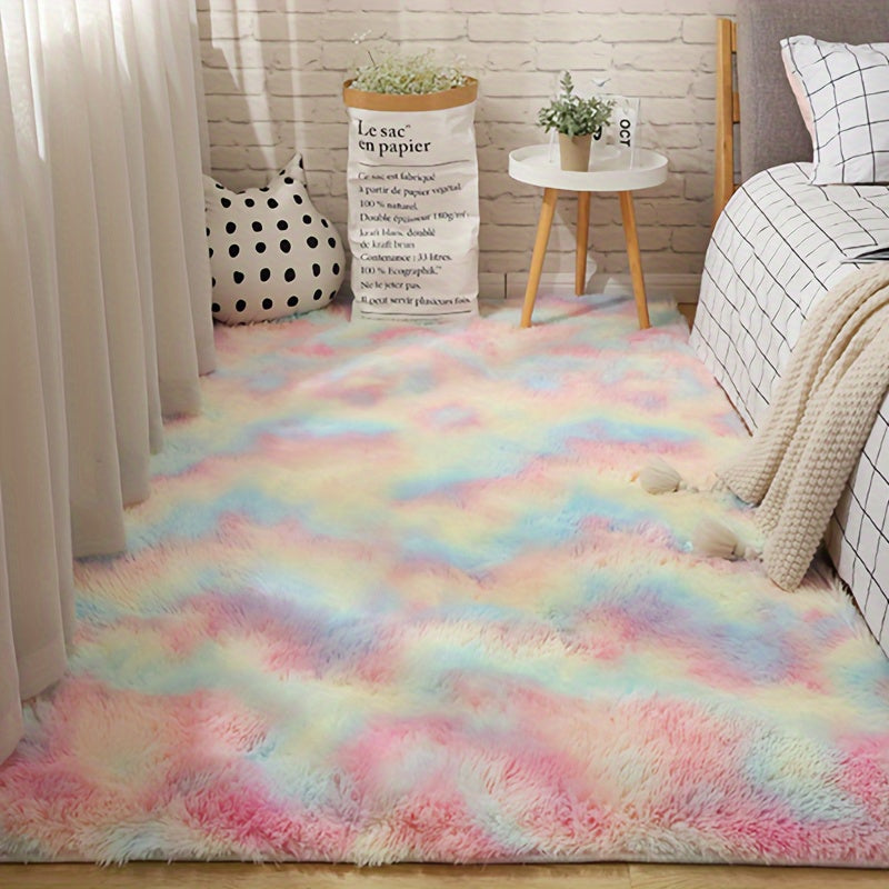 HighPeak CloudCotton™ Rug in pastel rainbow gradient colors, plush and fluffy texture, displayed in cozy bedroom corner setting