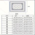 HighPeak CloudLuxe plush area rug size chart showing 10 different dimensions with geometric border pattern design
