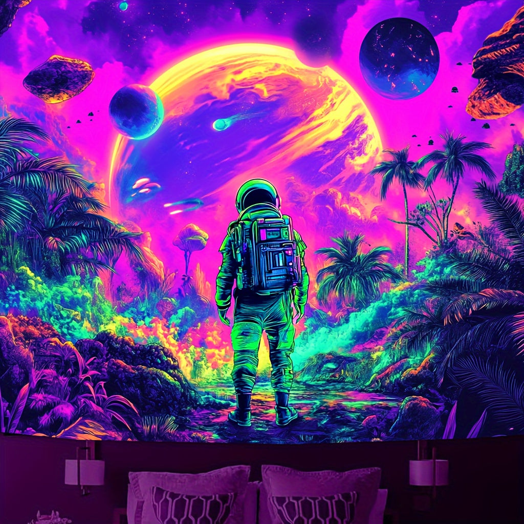 HighPeak Cosmic Odyssey Glow Tapestry featuring astronaut exploring neon space landscape with planets and palm trees in UV colors
