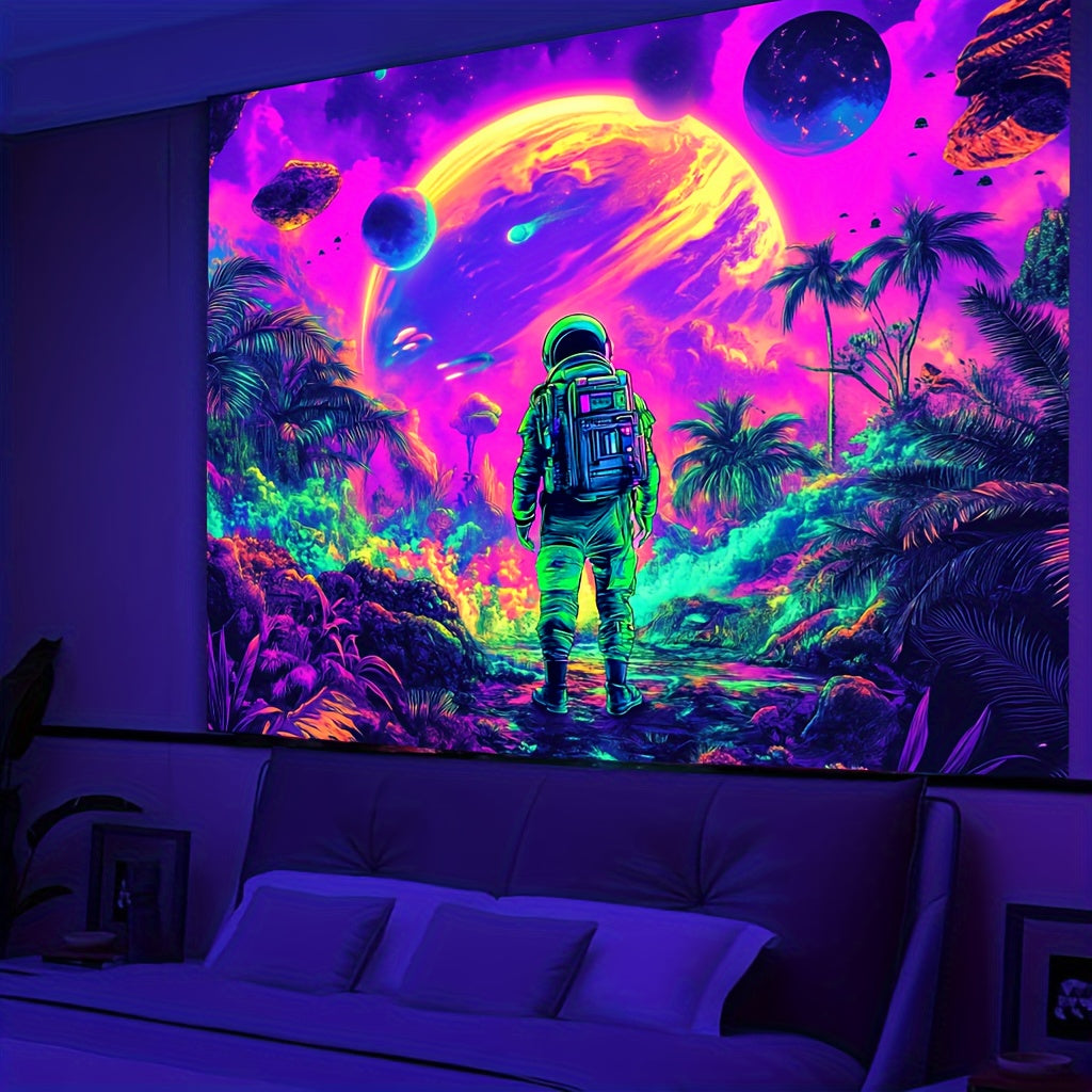 HighPeak Cosmic Odyssey Glow Tapestry featuring astronaut exploring neon tropical planet with vibrant UV-reactive colors and planets