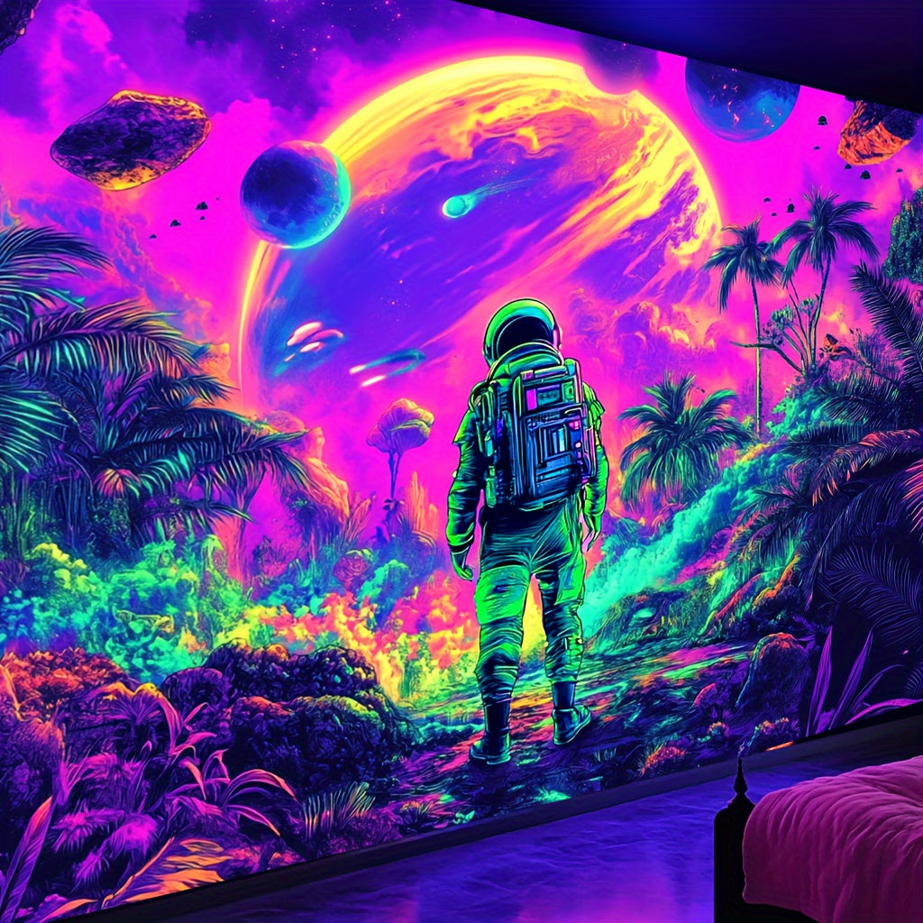 HighPeak Cosmic Odyssey Glow Tapestry featuring neon astronaut exploring tropical paradise under vibrant UV-reactive space scene