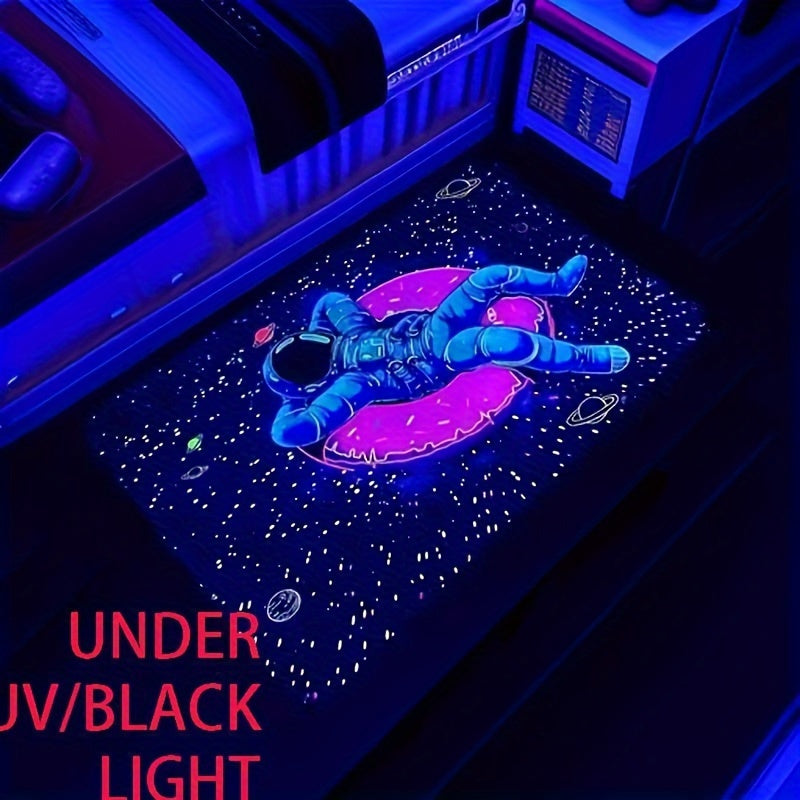 HighPeak CosmoGlow Astronaut Rug glowing in UV light with blue space suit and pink planet design on dark background