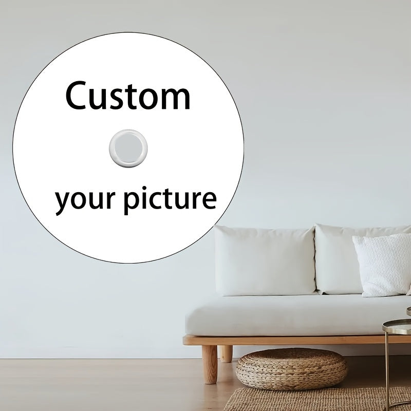 HighPeak Customizable Disc Carpet shown as wall art in minimalist living room with white sofa and woven ottoman
