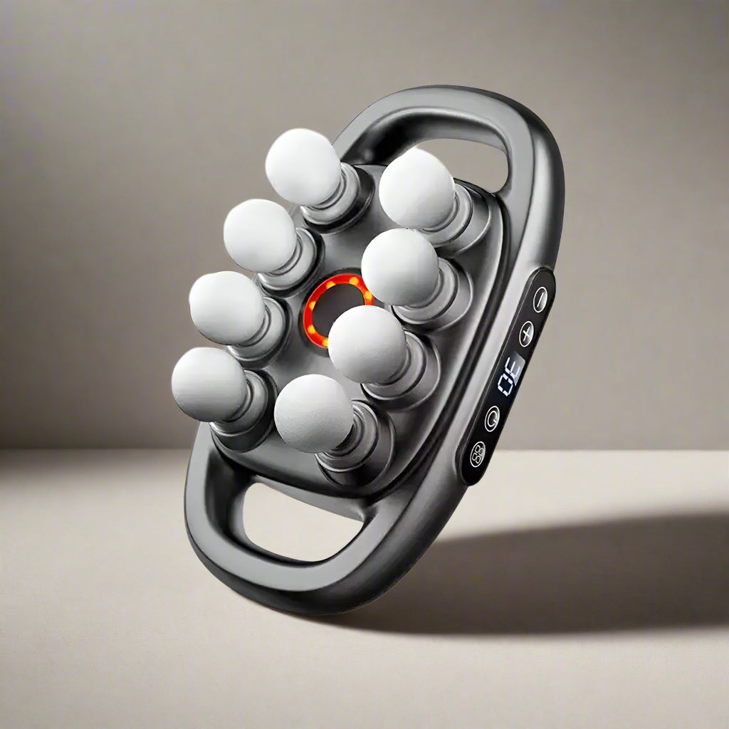 DeepRelief™ Multi-Head Body Massager in black with 8 white heads and digital controls for deep tissue relief by HighPeak